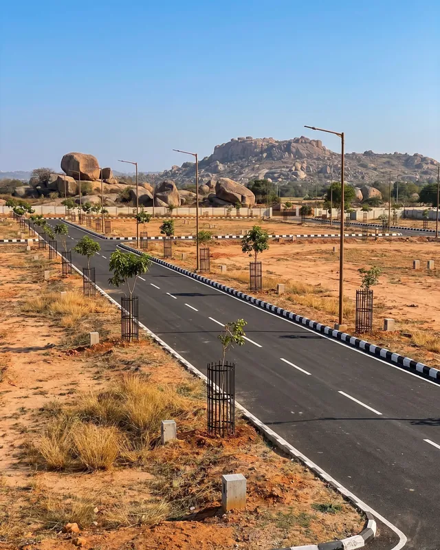 Open plots with boundary stones beside a new road