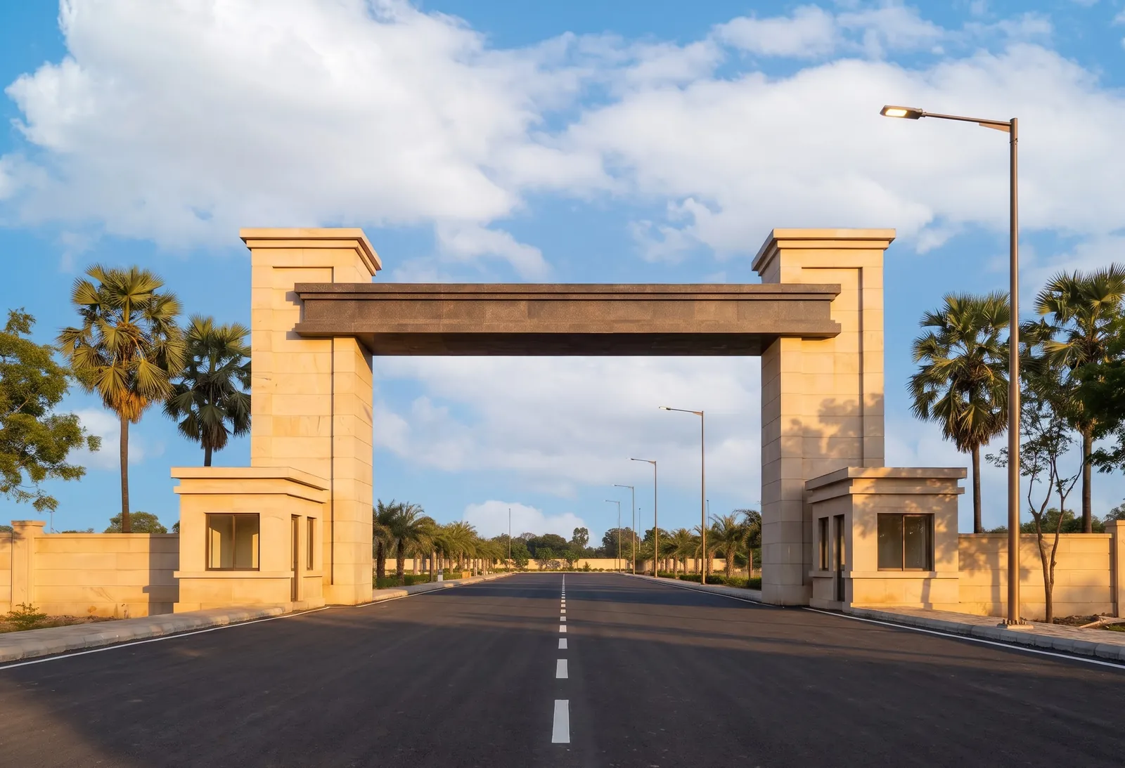 A stone entrance arch with two guard cabins over a new black-top road, under a clear blue sky