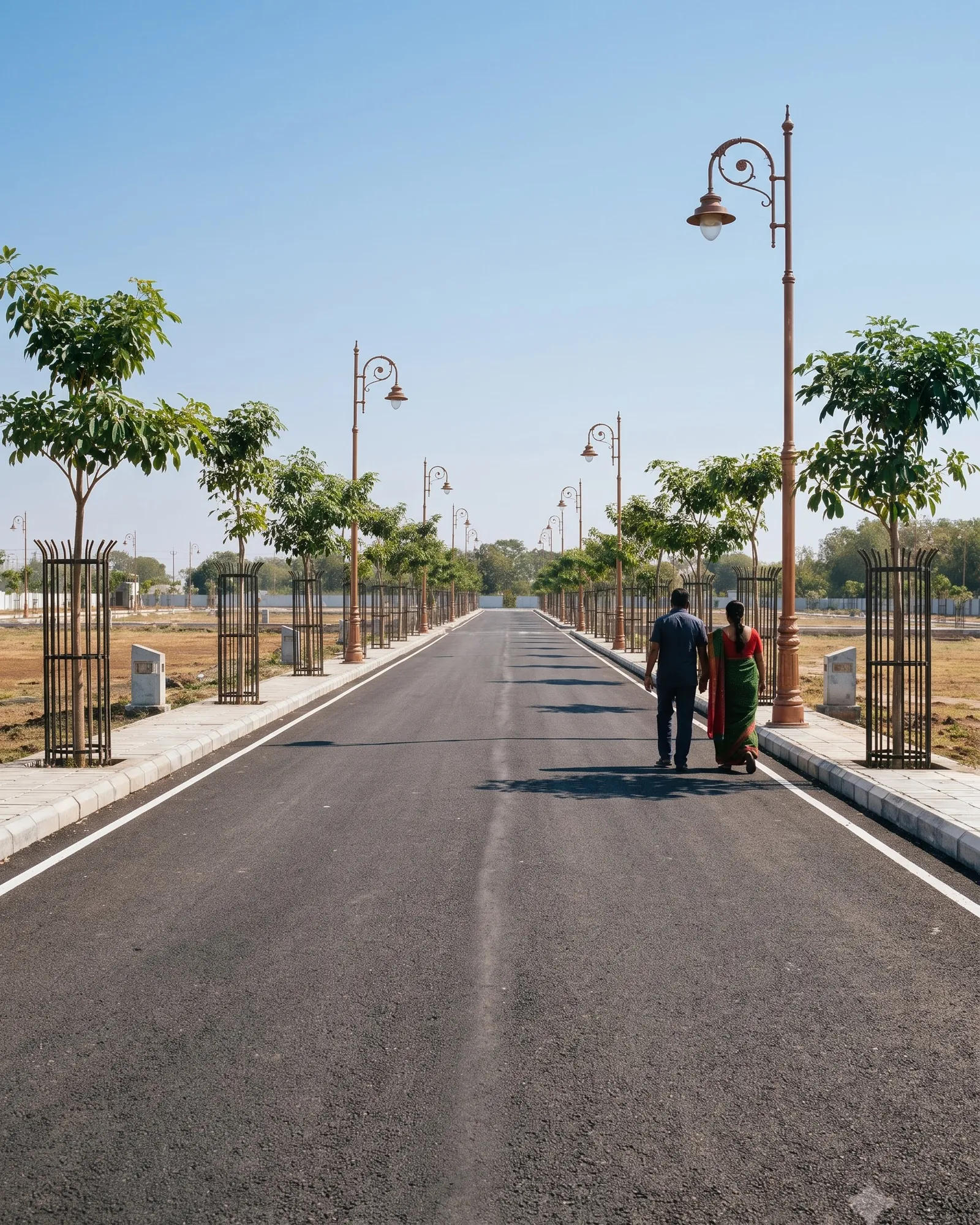 A wide internal road lined with young trees, street lights and kerbs between open plots