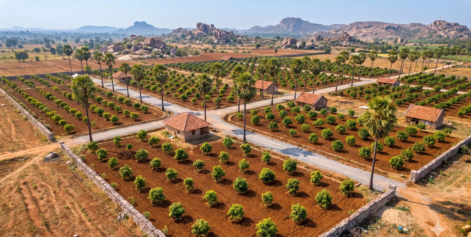 Farm plots seen from above: rows of young mango trees, a gravel track and a small cottage among the green
