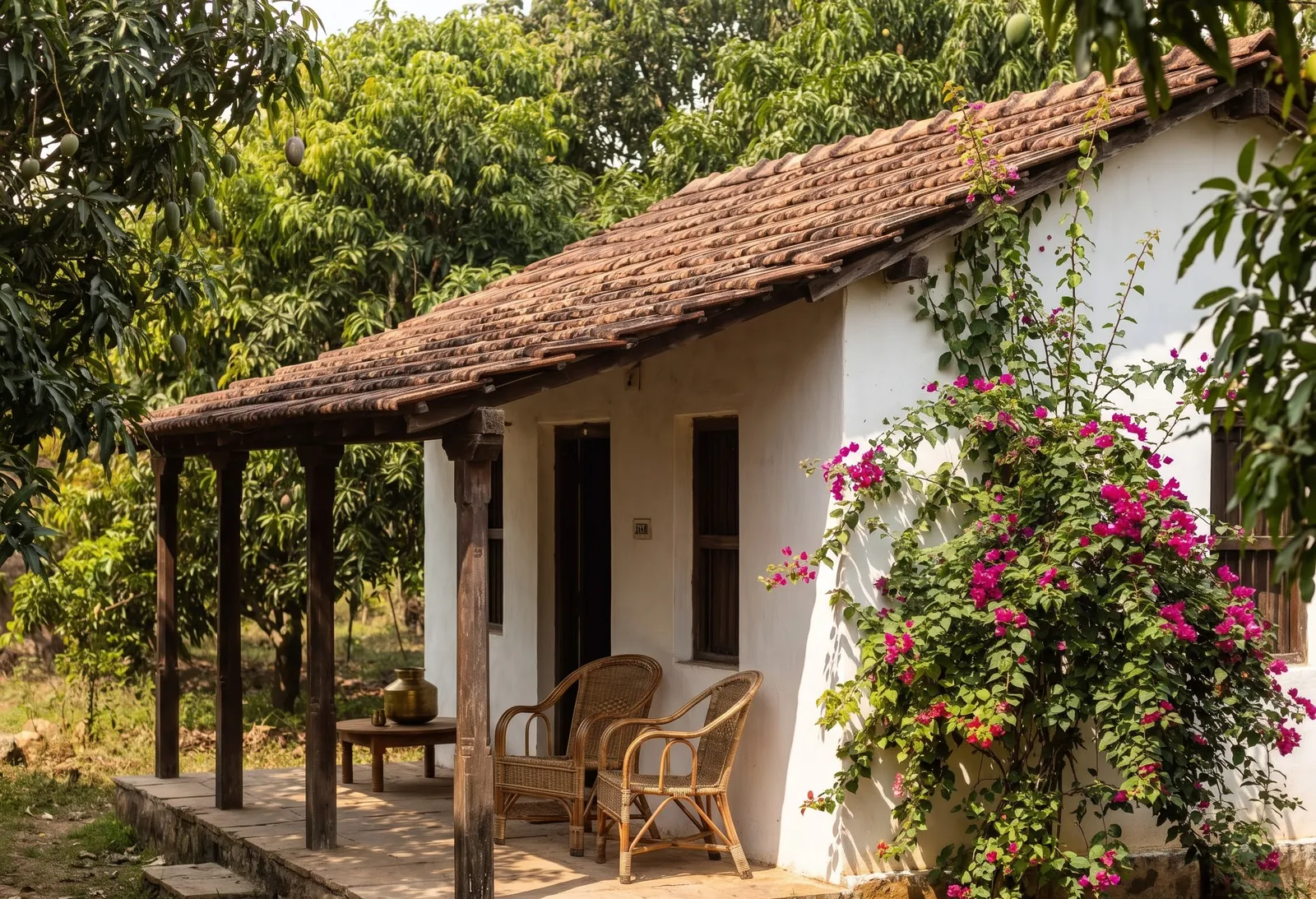 A small farm cottage with a sloped roof and a verandah among young trees