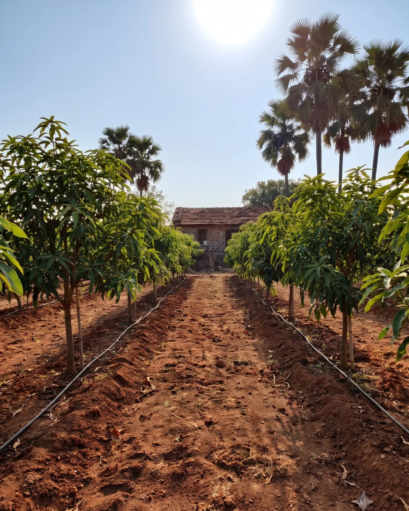 Rows of young mango trees with drip lines along a red-earth track
