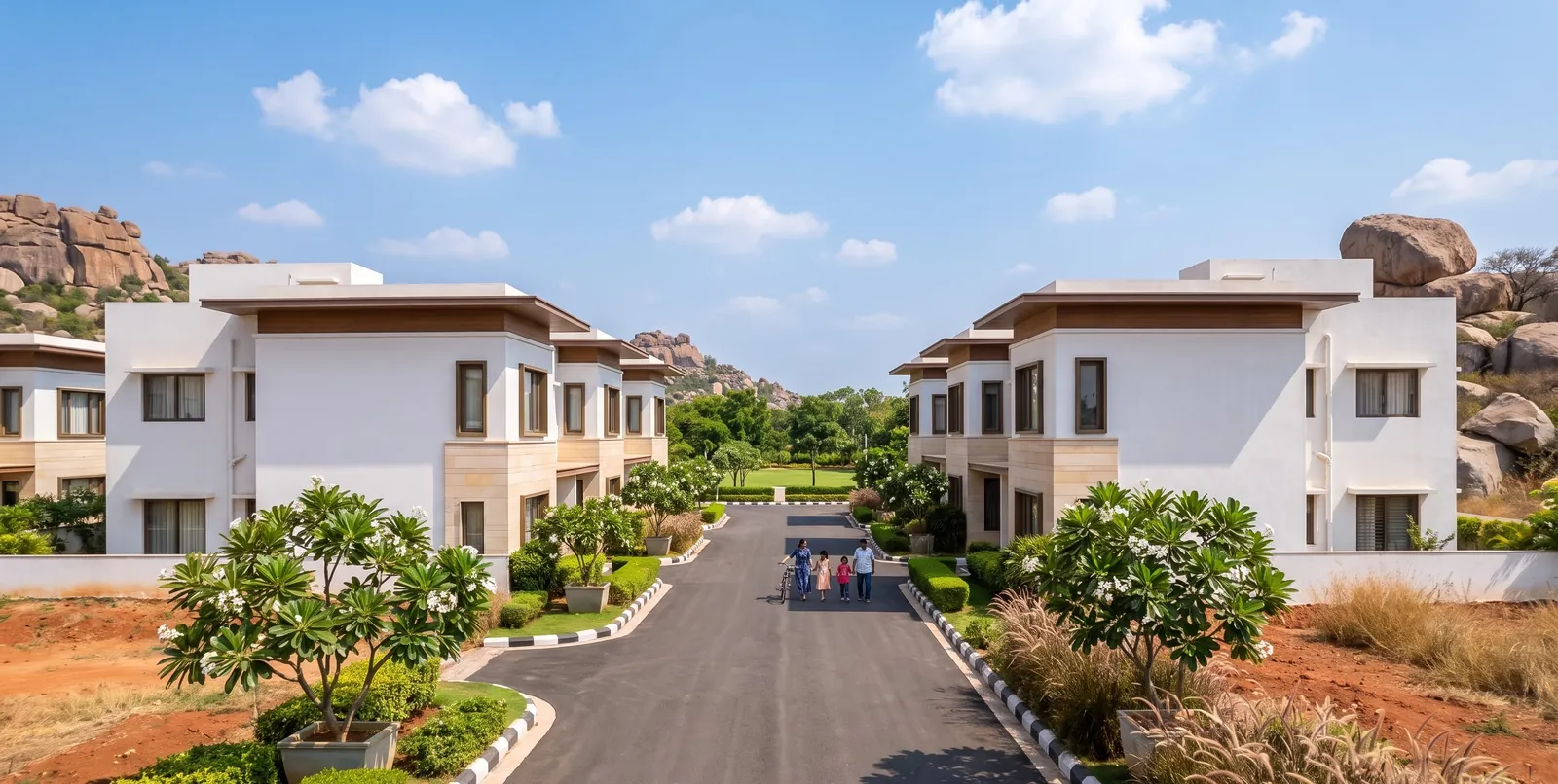A tree-lined street of new two-storey villas in a gated community in daylight