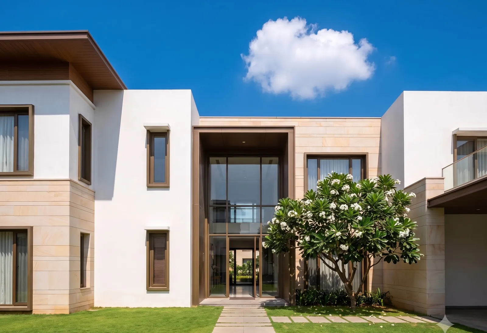 A modern two-storey villa with a small front garden and a car porch