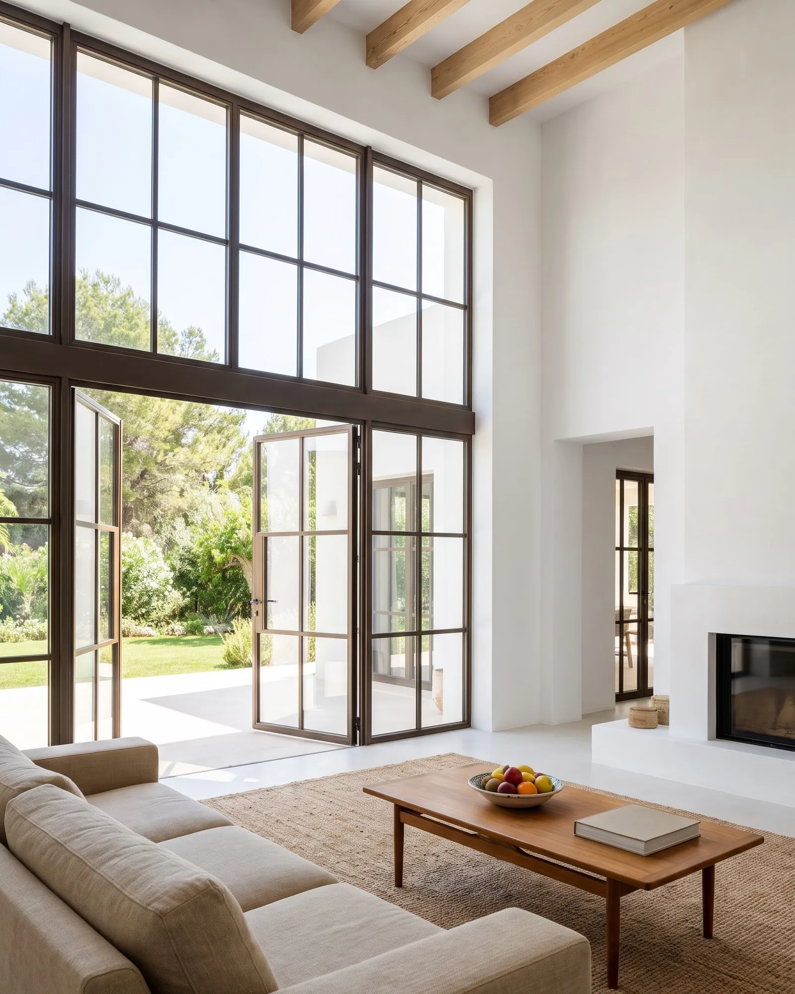 A bright double-height living room with large windows and light furniture
