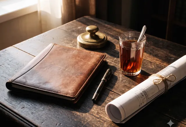 Land documents and a layout plan on a desk