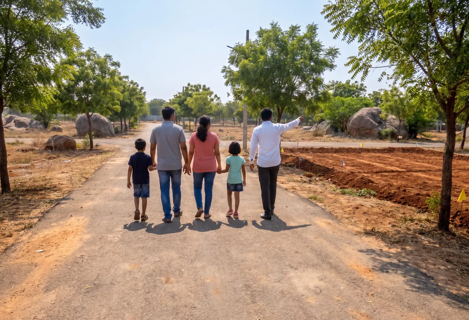 A family walking a marked plot with a guide on a sunny day